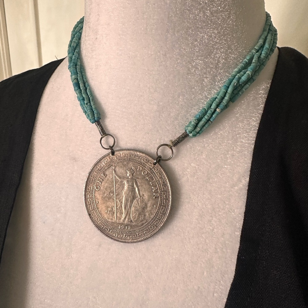 Turquoise Beaded Coin Pendant Necklace